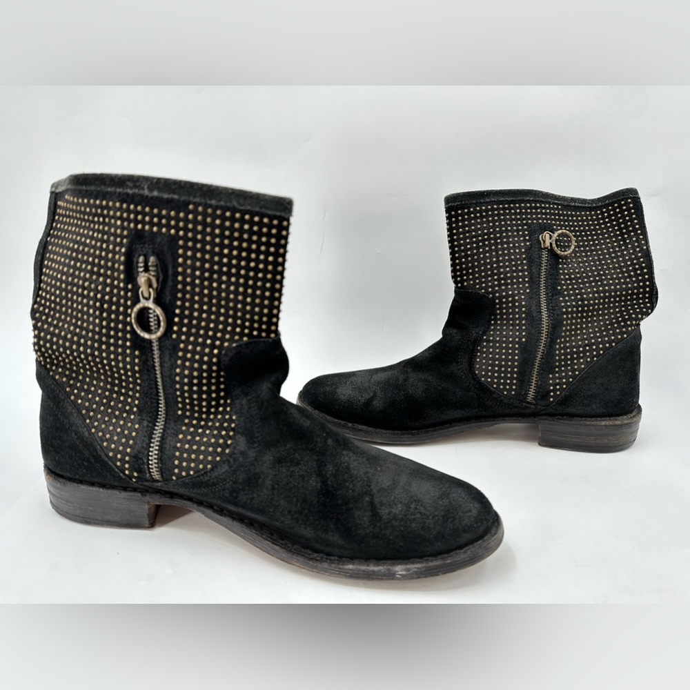 Florentini Baker Studded Distressed Black Suede Ankle Boots 10.5 Italy Made